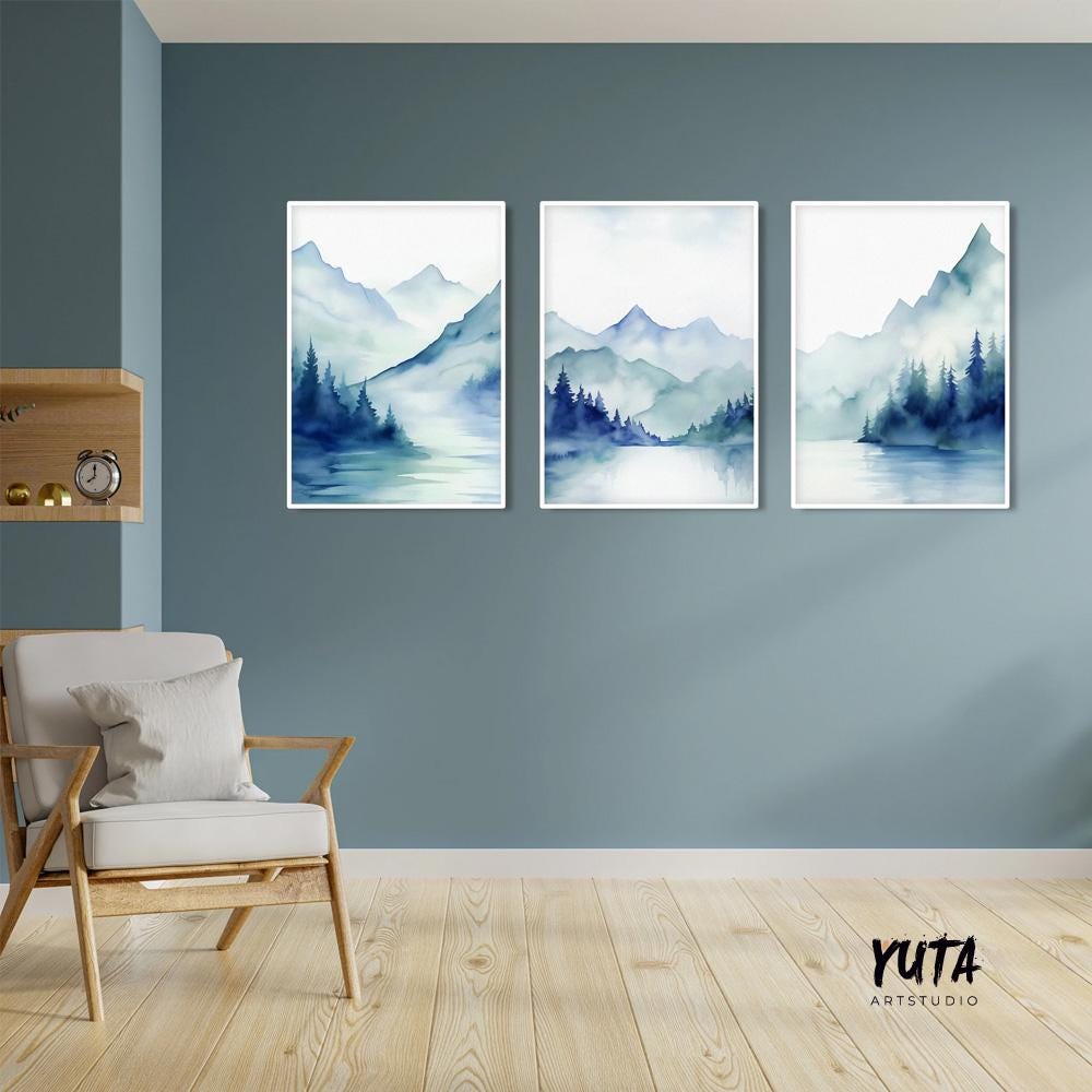 Navy blue mountain set of 3 prints. Modern watercolor minimalist landscape gallery wall set.  Nature 3 piece wall art, nordic abstract print