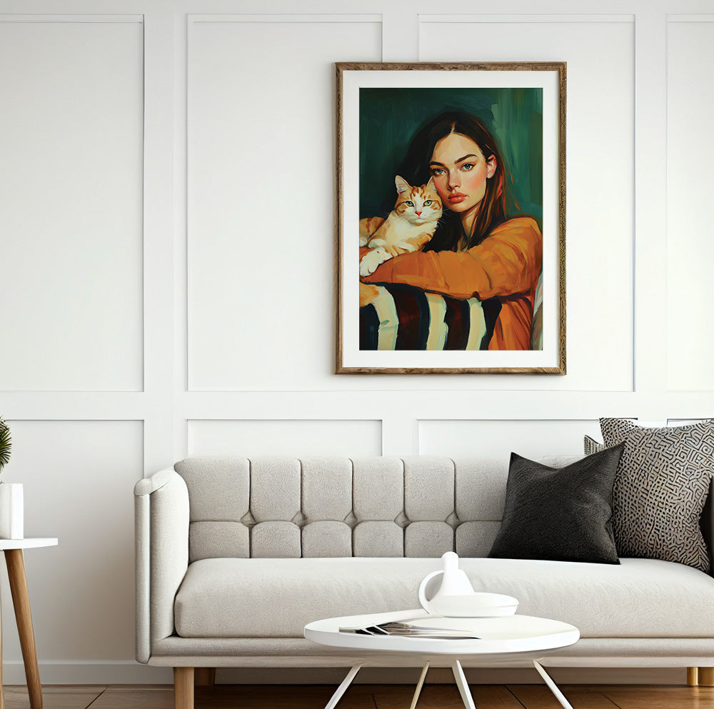 Cat lover wall art featuring a woman embracing her ginger cat in a contemporary painterly style