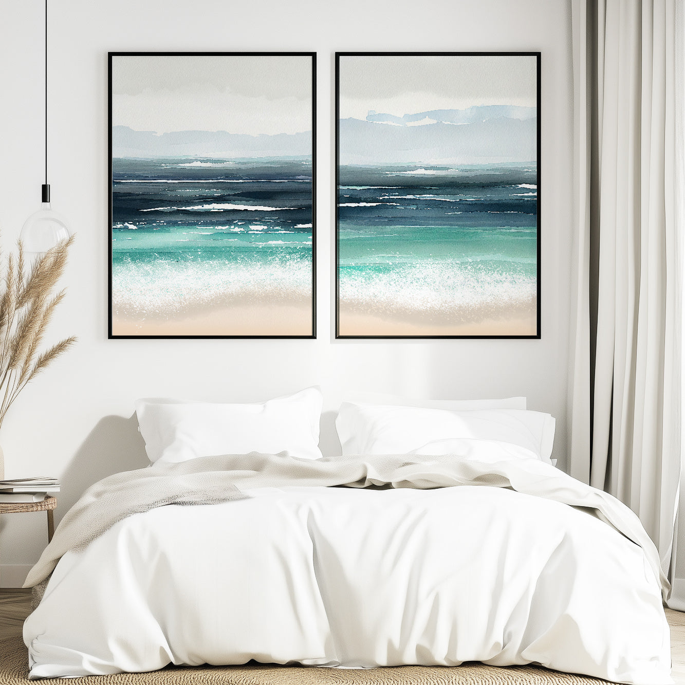 Coastal abstract wall art set of 2 with teal ocean-inspired artwork