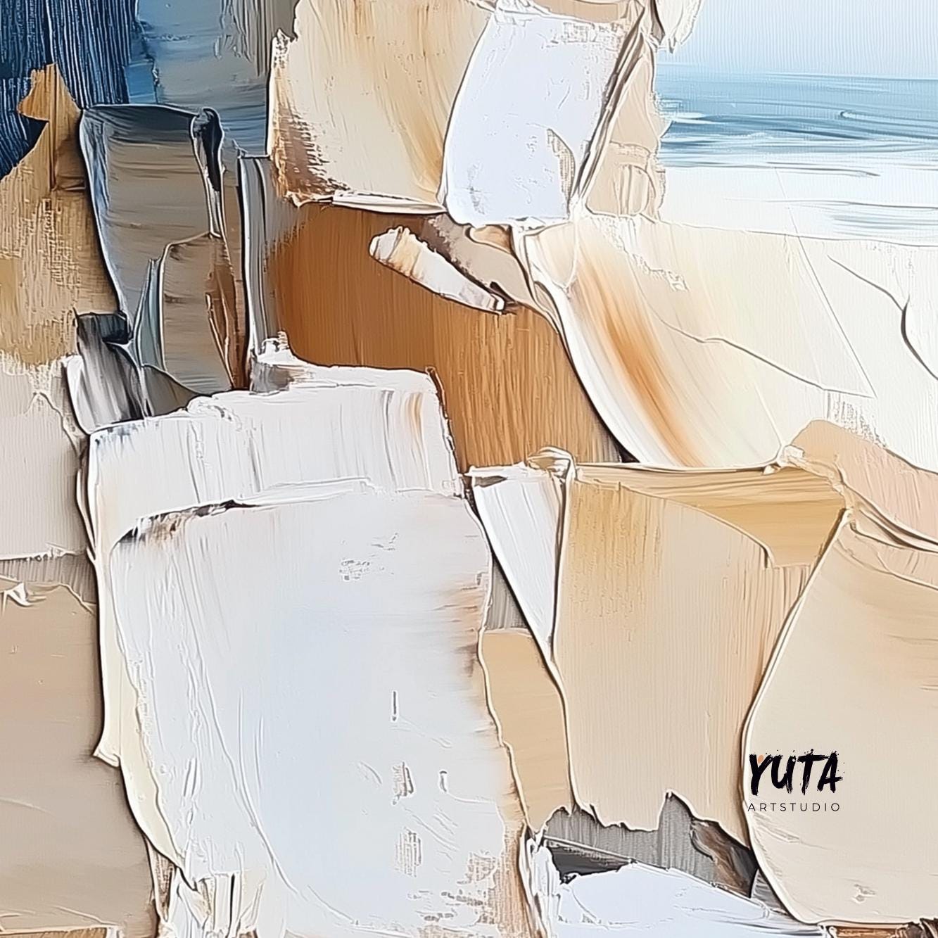 Abstract coastal artwork featuring bold brushstrokes in neutral and sandy tones