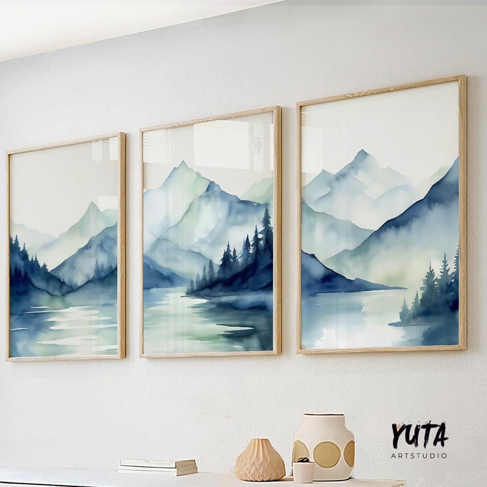 Navy blue mountains set of 3 prints. Modern minimalist mountain landscape gallery wall set.  Nature 3 piece wall art, nordic abstract print