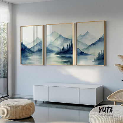 Navy blue mountains set of 3 prints. Modern minimalist mountain landscape gallery wall set.  Nature 3 piece wall art, nordic abstract print