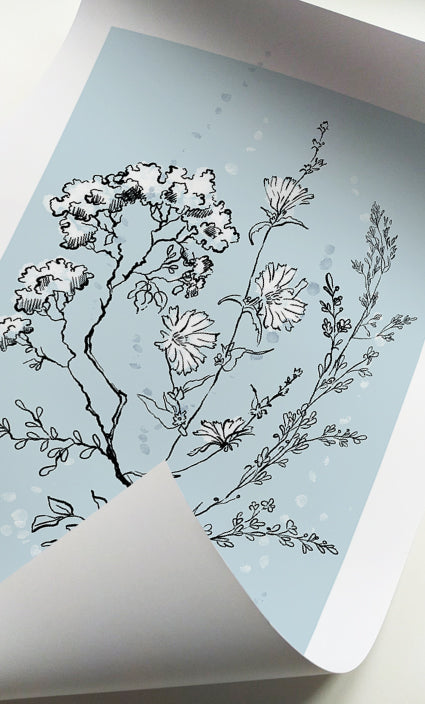 Wildflower line drawing wall art in soft blue tones