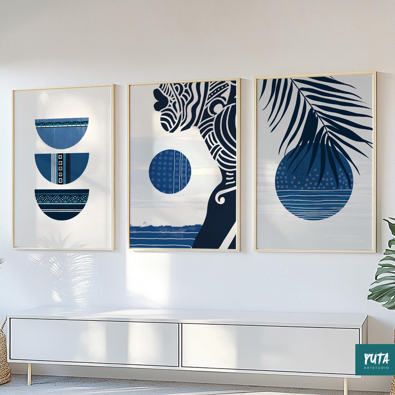 Coastal wall art set featuring navy blue botanical motifs, geometric patterns and contemporary ocean inspired design