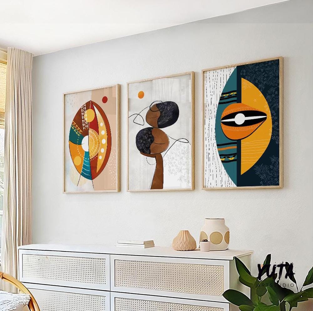 Modern african american art set of 3 print. Abstract ethnic colorful gallery wall set. Contemrorary minimalist above bed africa art
