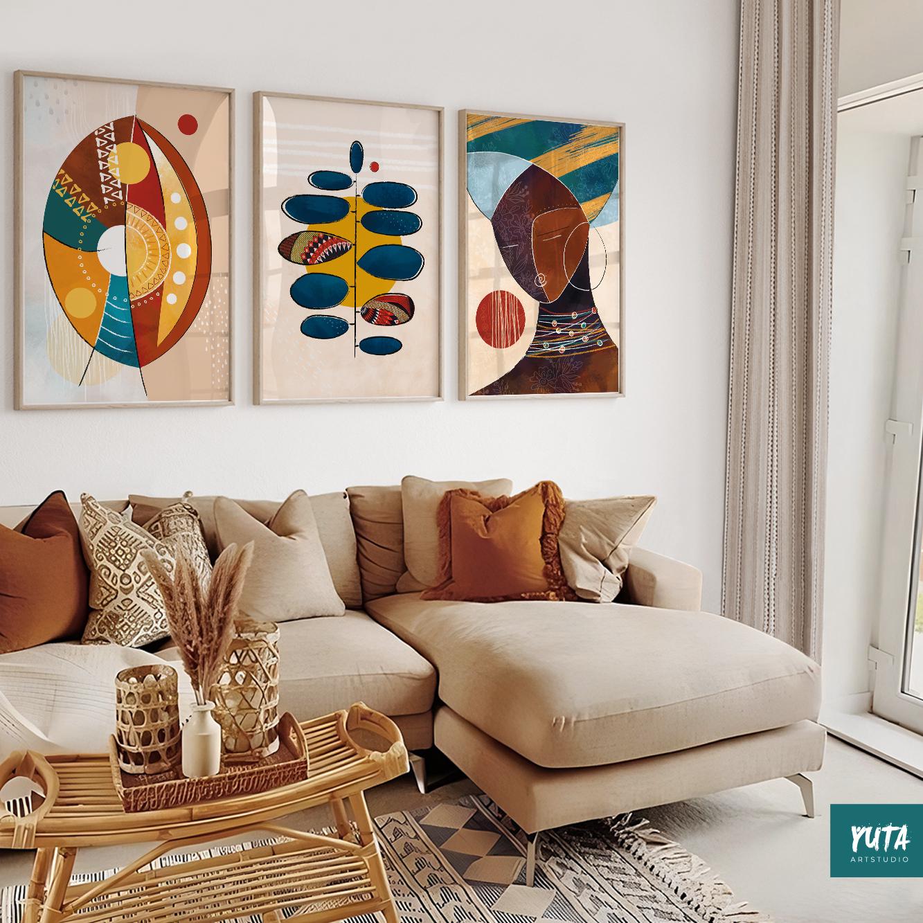 Contemporary African wall art – abstract female portraits in a vibrant 3-piece print set.