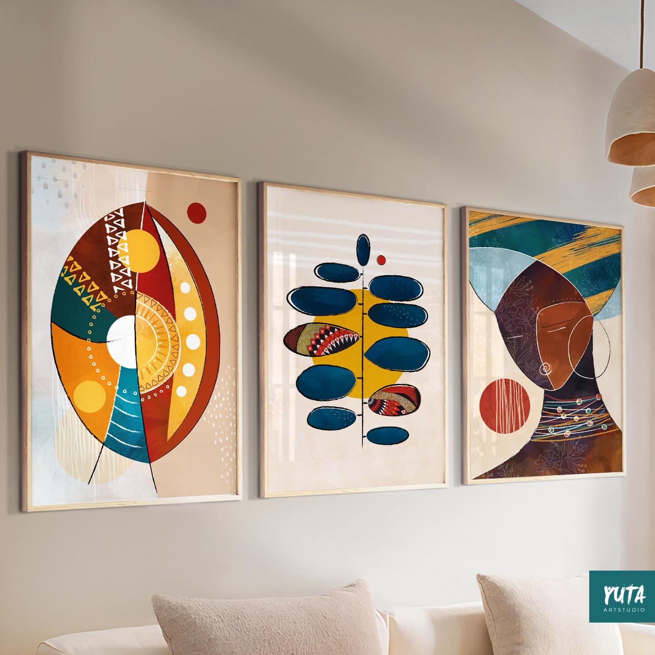 Modern African wall art set of 3 – bold abstract Black female portraits for ethnic-inspired home decor.