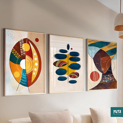 Modern African wall art set of 3 – bold abstract Black female portraits for ethnic-inspired home decor.