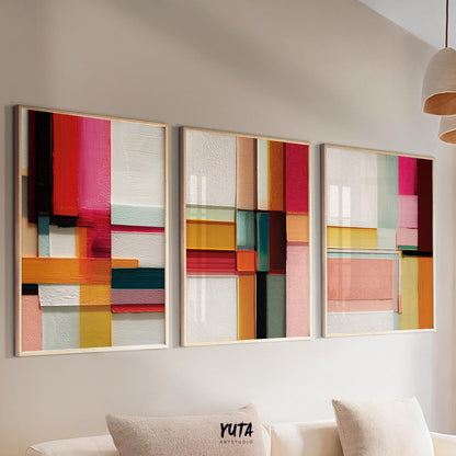 Colorful abstract wall art set featuring layered geometric blocks, textured brushstrokes and vibrant contemporary color accents