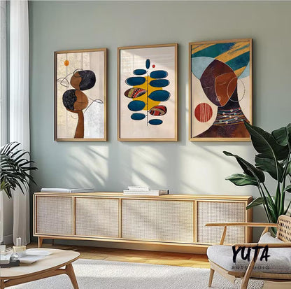 African American abstract couple wall art, set of 3 ethnic minimalist prints for modern gallery wall decor in bedroom or living room.