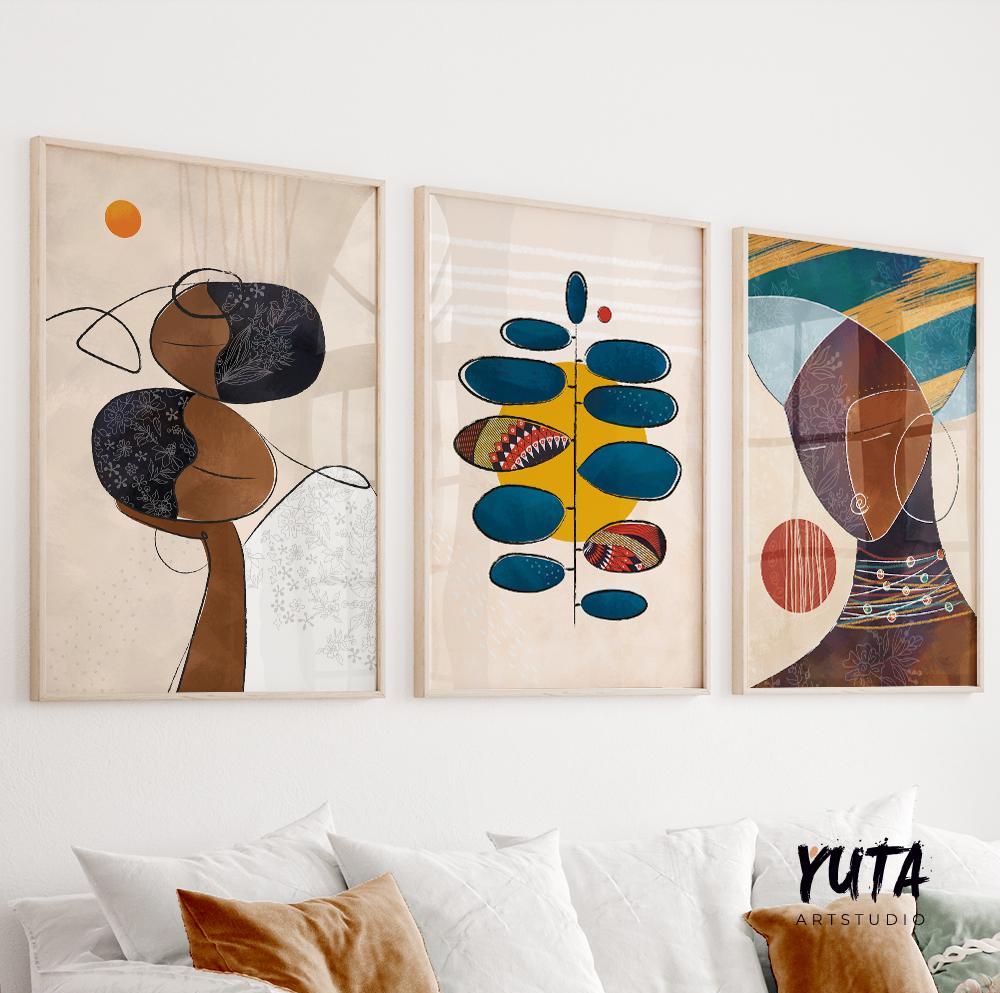 Abstract African American black couple wall art prints, contemporary gallery wall set of 3 minimalist posters for boho home decoration.