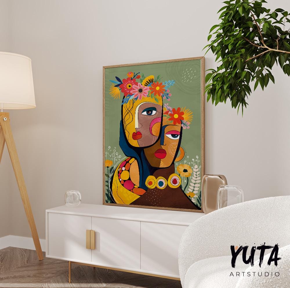 Colorful abstract woman portrait. Modern  african american art print, black women poster, aesthetic room decor, Living room wall art
