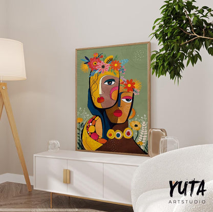 Colorful abstract woman portrait. Modern  african american art print, black women poster, aesthetic room decor, Living room wall art