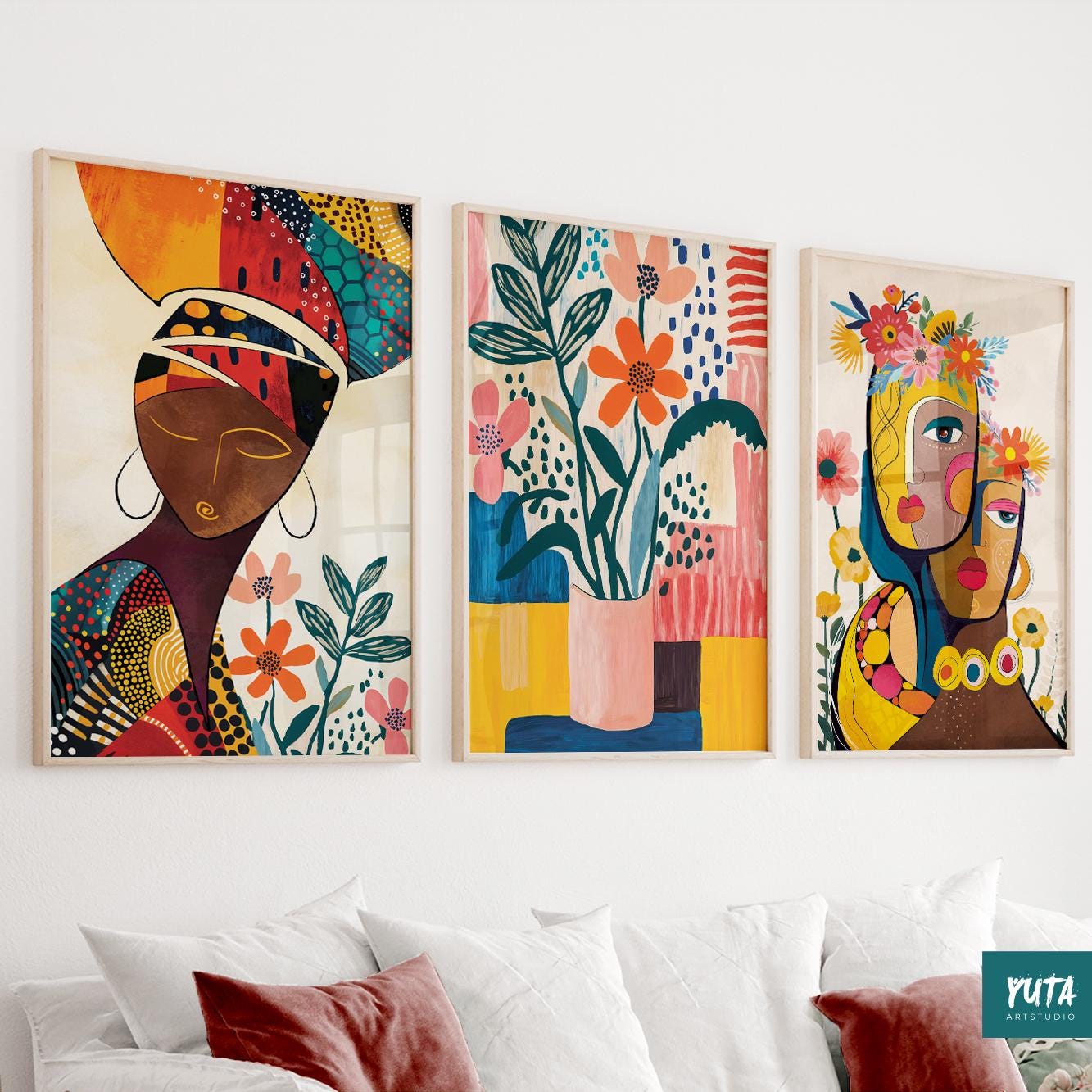 Afrocentric wall decor – set of 3 abstract Black woman portraits in minimalist design.
