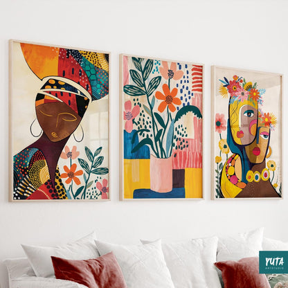 Afrocentric wall decor – set of 3 abstract Black woman portraits in minimalist design.