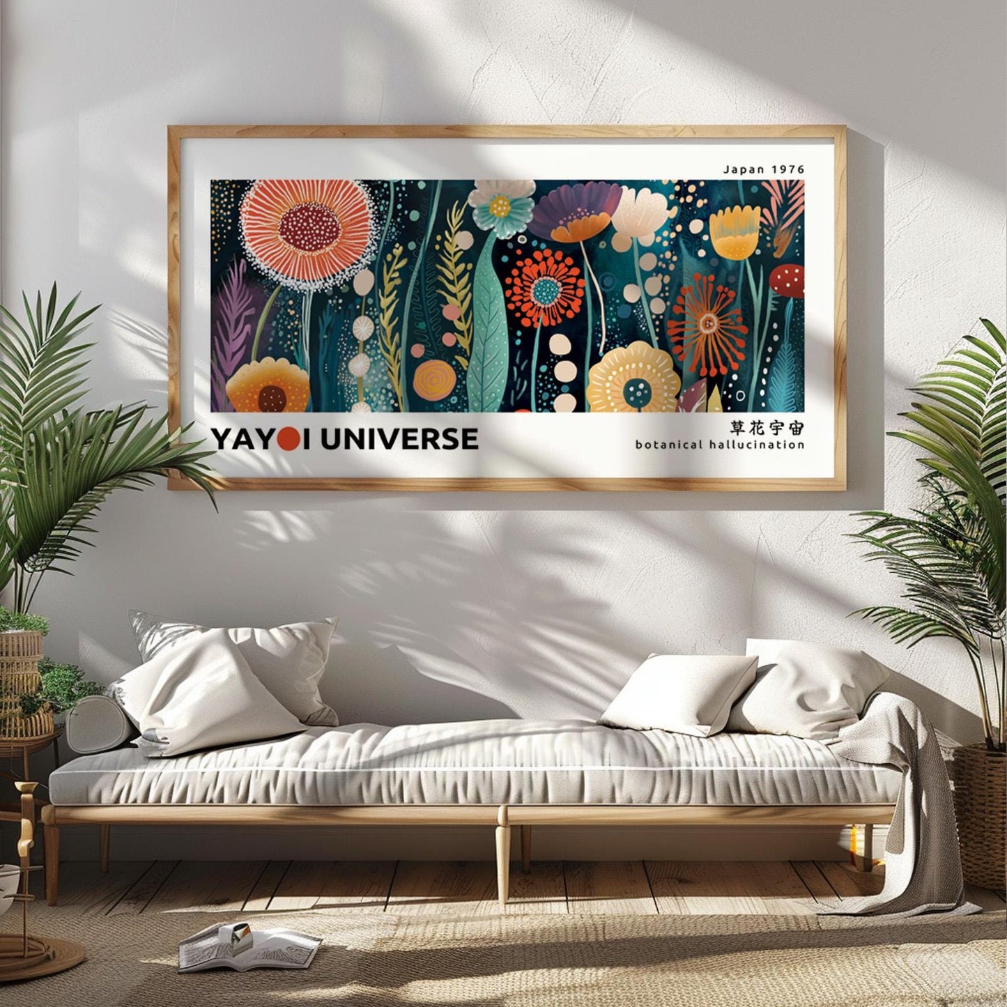 Framed Japanese floral art print displayed above a couch, ready for secure shipping.