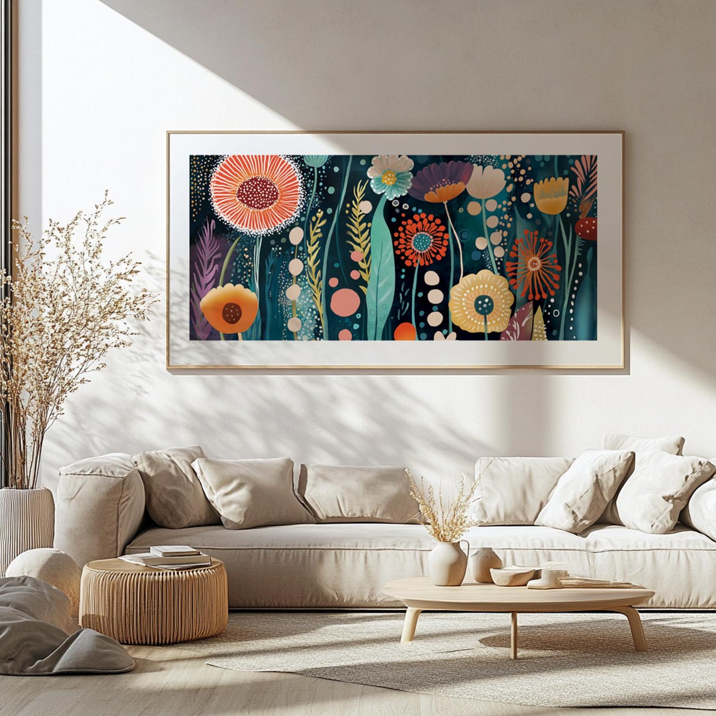 Abstract floral artwork in a light wood frame displayed above a beige sofa in sunlight