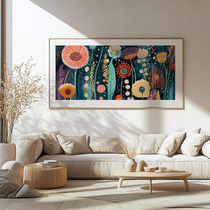 Abstract floral artwork in a light wood frame displayed above a beige sofa in sunlight