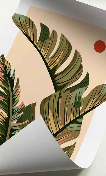 Modern botanical prints featuring lush tropical foliage and contemporary design