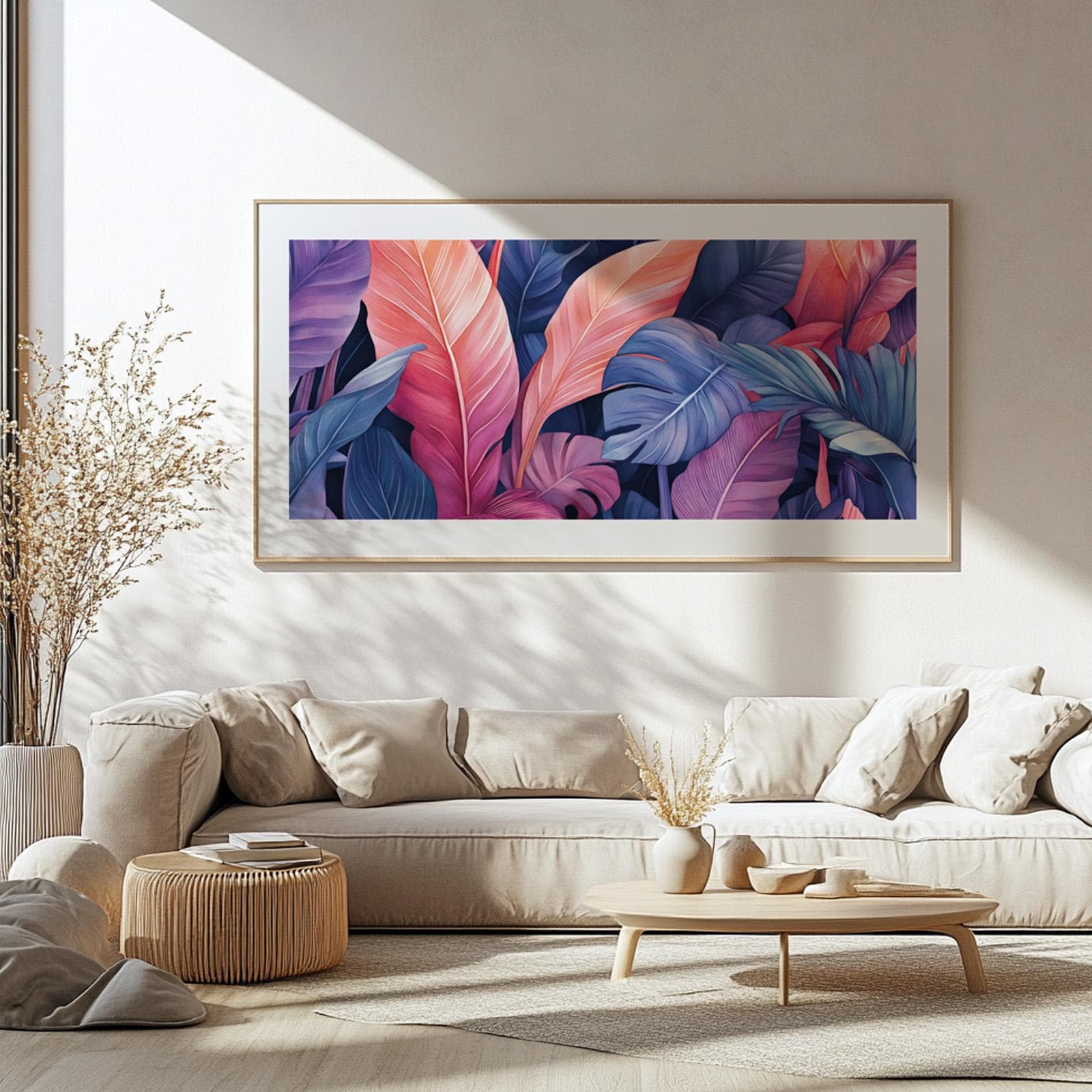 Colorful botanical wall art with oversized tropical leaves and vibrant pink blue foliage composition