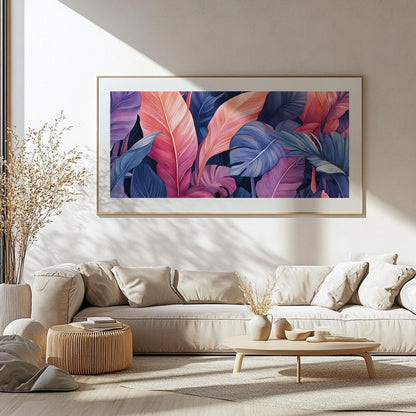 Colorful botanical wall art with oversized tropical leaves and vibrant pink blue foliage composition