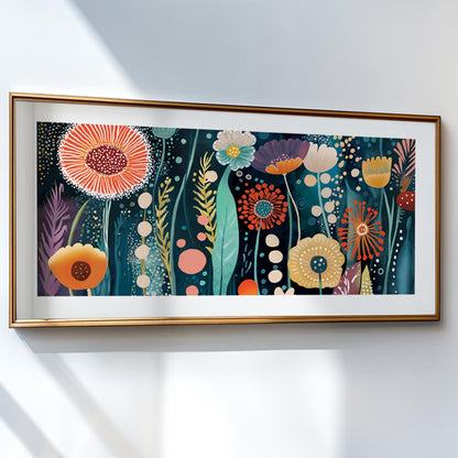 Abstract floral artwork with vibrant colors, framed and hung on a sunlit wall.