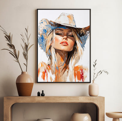 Colorful cowgirl wall art with blue and orange abstract painted details