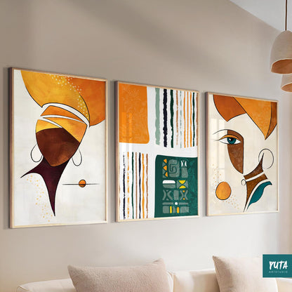 Modern African American wall art – Black woman abstract set of 3 prints for bold interiors.