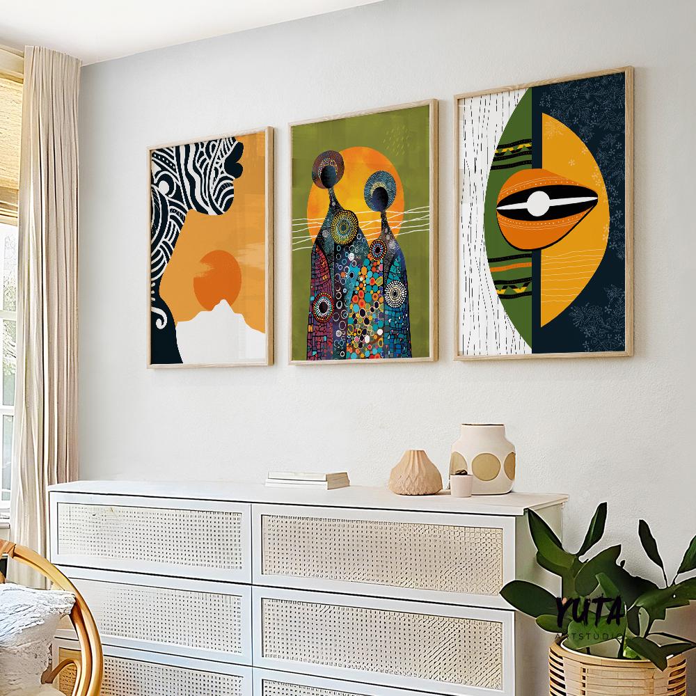 Contemporary Bright Abstract African American Art Set of 3 Prints. Three Peace Modern Tribe Abstract Art. Black Woman Portrait.