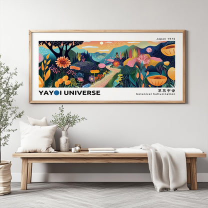 Colorful abstract mountain print with dotted floral patterns in a light wood frame above a bench with plants and ceramics.