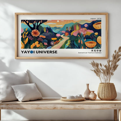 Framed abstract mountain artwork with vibrant dotted botanicals above a wooden console