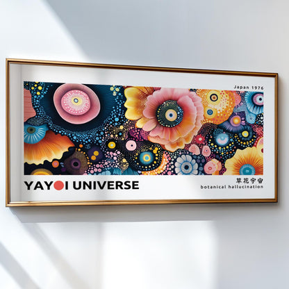 Panoramic floral abstract poster in a gold frame shown in large 36x18 inch size on wall.