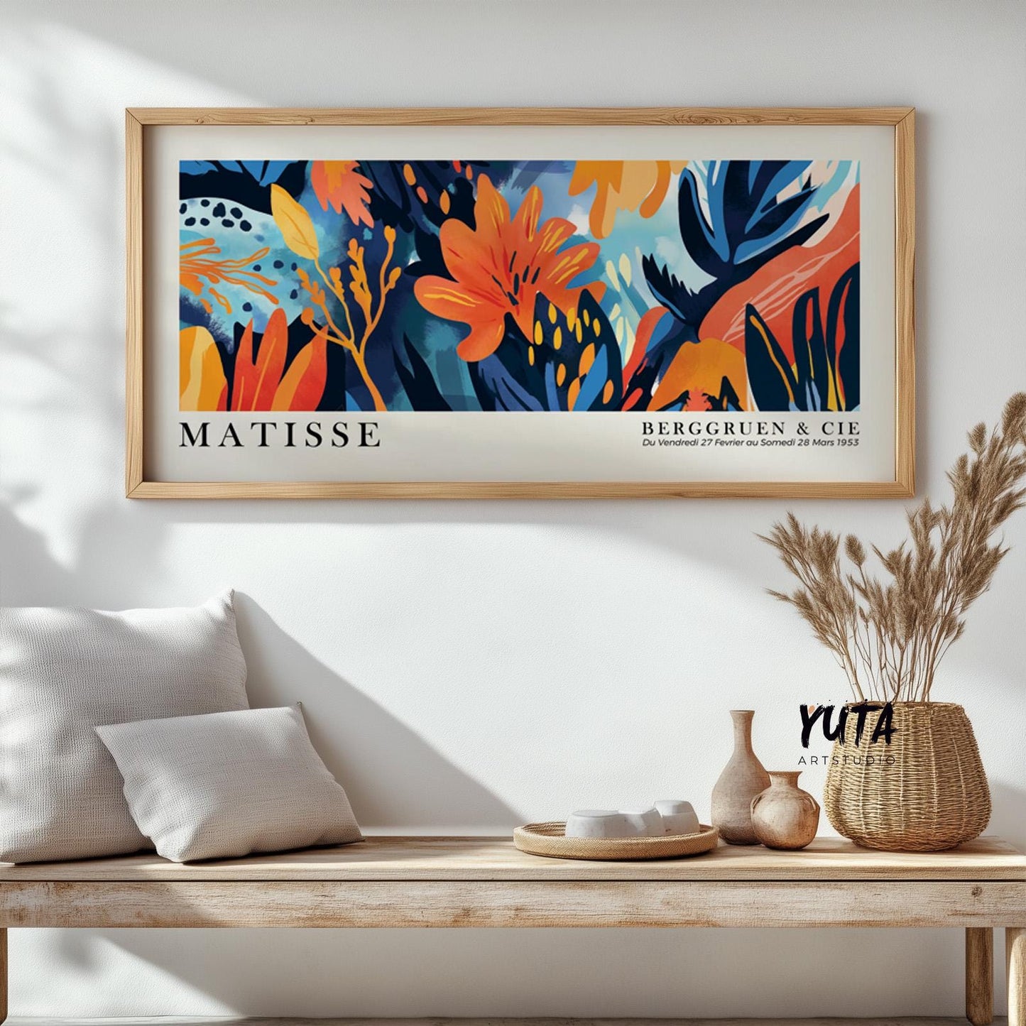 Framed panoramic floral Matisse-inspired wall art displayed above a wooden console.