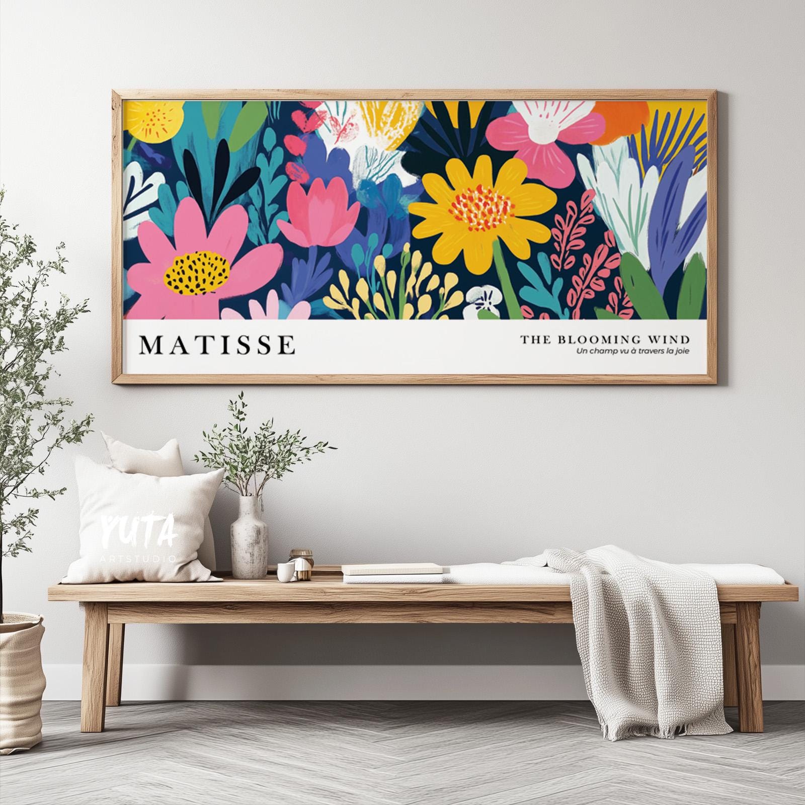 Colorful floral wall art showcasing bright flowers, lush botanical elements and contemporary artistic style