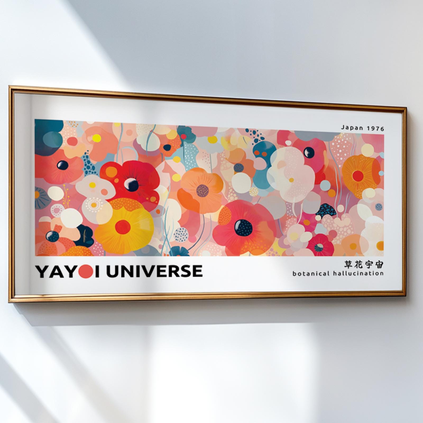 Floral wall art sizing reference showing landscape print dimensions above a white wall.