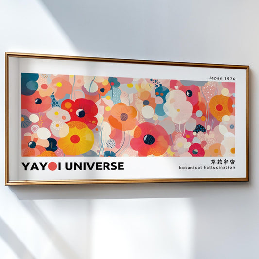 Floral wall art sizing reference showing landscape print dimensions above a white wall.