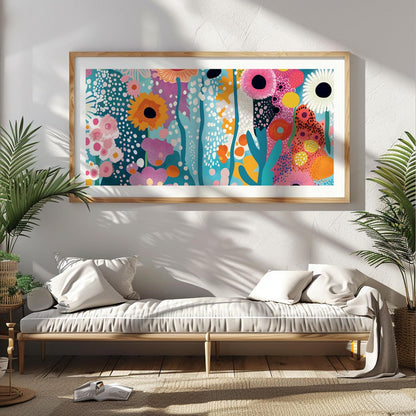 Vibrant abstract floral print in a light wood frame displayed above a bench on a white wall.