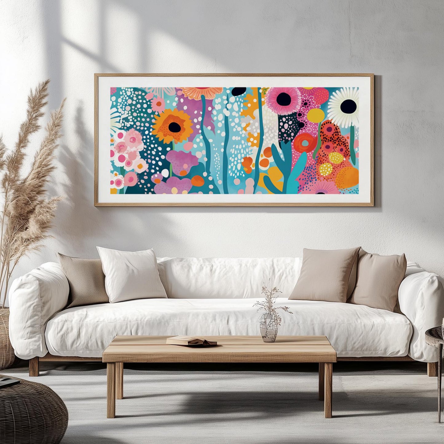 Framed abstract floral artwork displayed above a white sofa in a bright living space