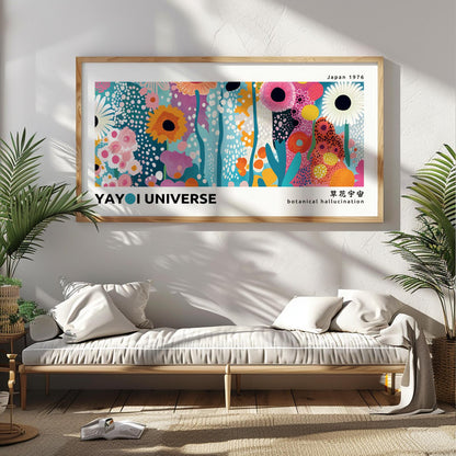 Framed panoramic abstract floral print in vibrant colors above a bench in natural light