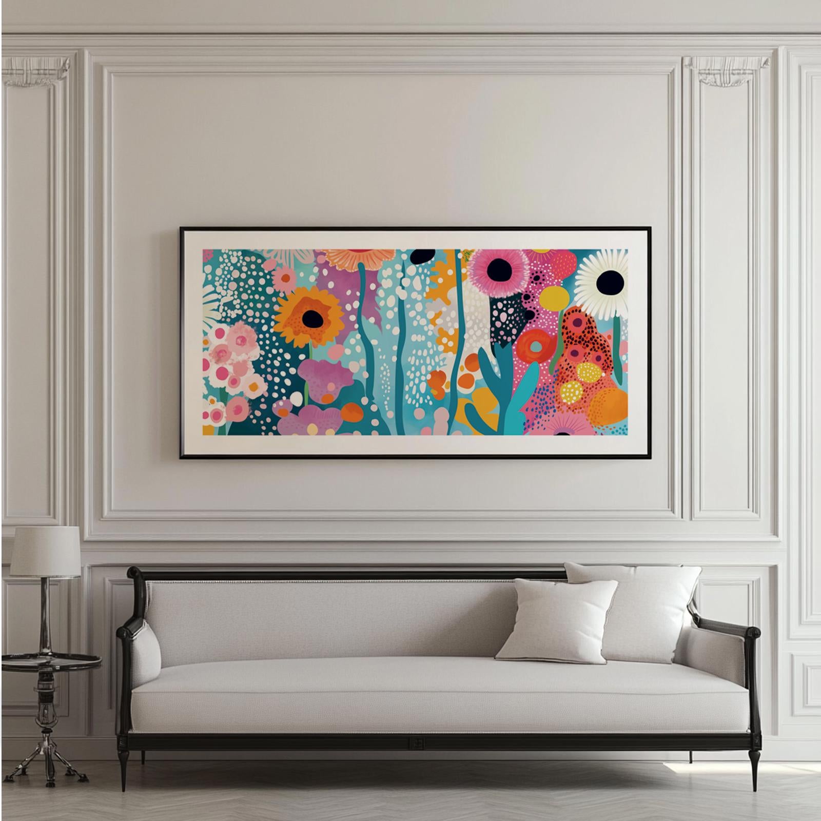 Vibrant abstract floral print in a black frame displayed above a classic sofa.