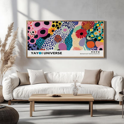 Framed abstract floral artwork with bold colors displayed above a minimalist coffee table with books and dried plants.