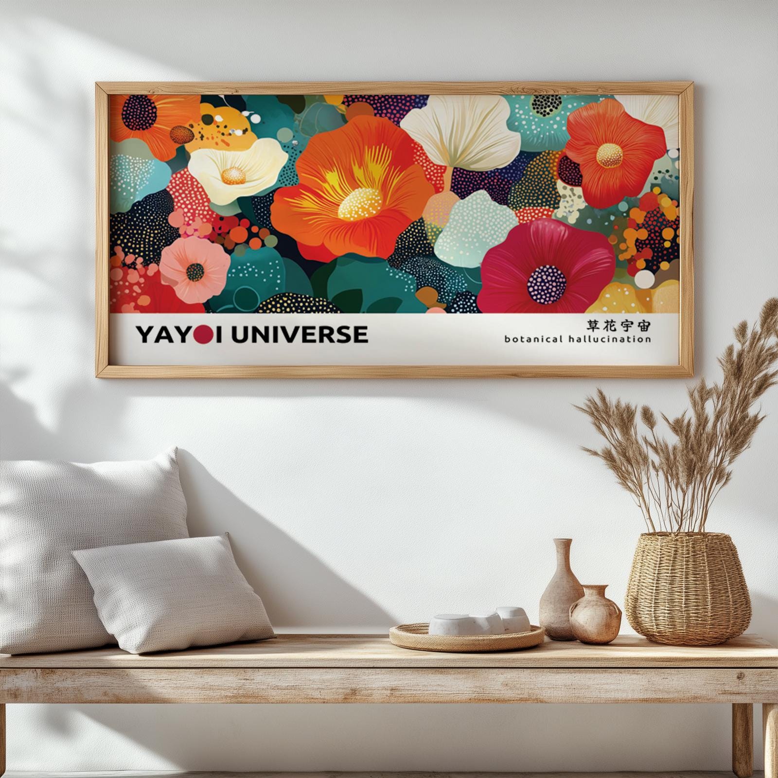 Framed abstract floral artwork with vivid colors above bench, styled with books and ceramics.