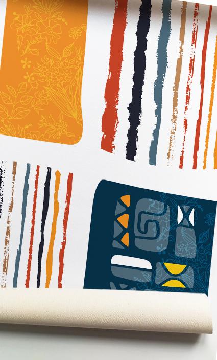 Abstract tribal print wall art detail with vibrant stripes and geometric shapes on canvas