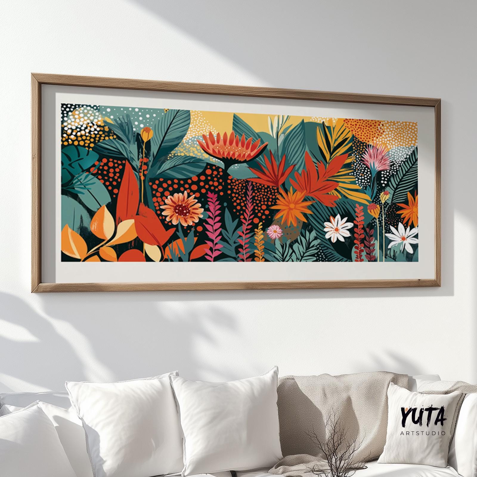 Framed panoramic botanical artwork, vibrant tropical flowers above sofa, unboxed for display