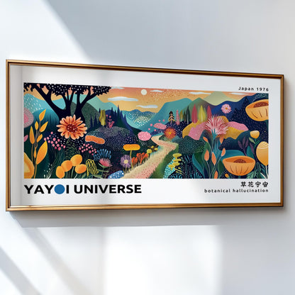 Framed abstract mountain landscape with vibrant botanical patterns hung on a white wall.