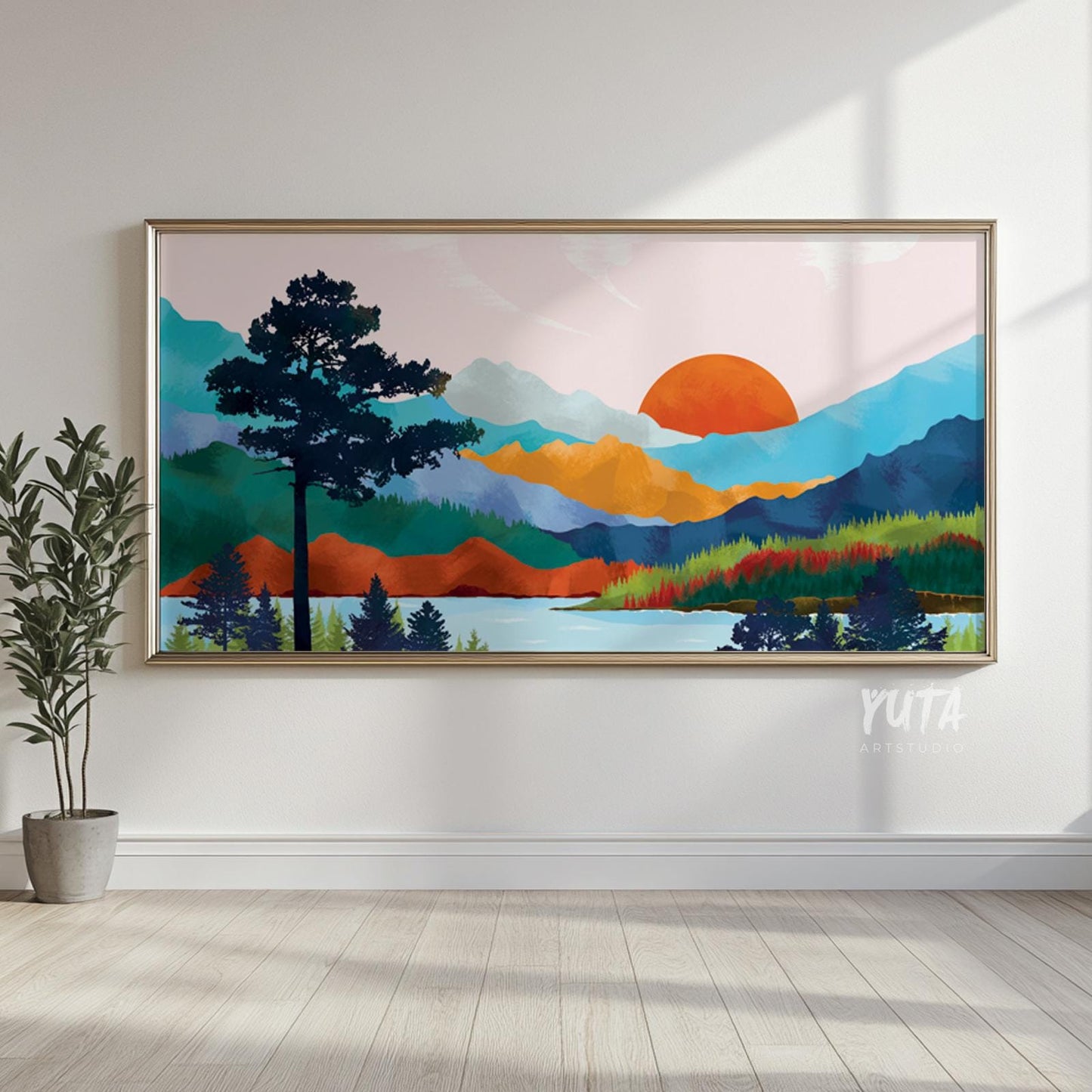 Colorful landscape wall art showcasing vibrant mountains, pine forests and contemporary nature artwork