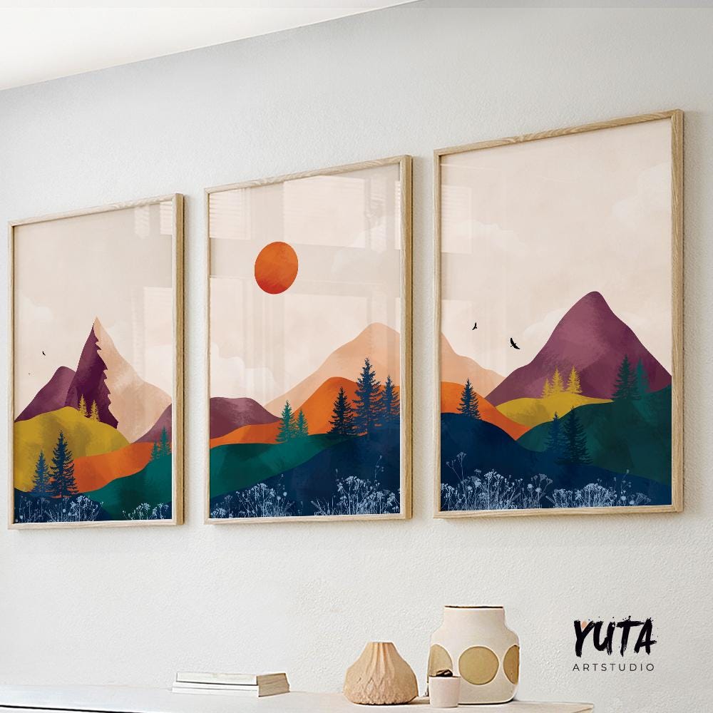 Set of 3 vibrant mountain prints. Abstract bright mountains modern gallery wall art. Colorful minimalist landscape aesthetic room decor