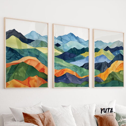 Colorful mountains wall art set of 3 prints, Mid century modern large wall art prints, abstract painting, aesthetic room decor