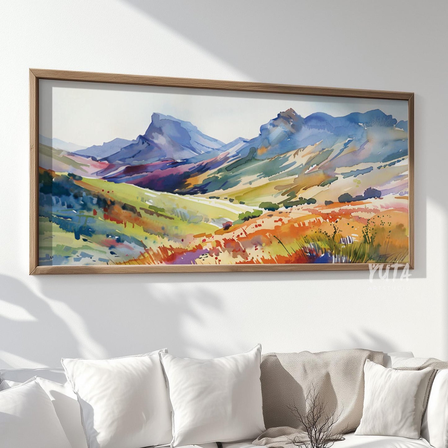 Colorful mountain landscape wall art featuring vibrant watercolor peaks, rolling valleys and panoramic nature scenery