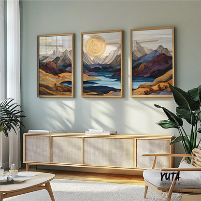 Colorful mountain wall art set showcasing layered hills, dramatic alpine ranges and contemporary nature inspired design